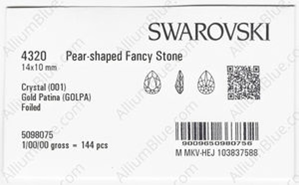 【スワロフスキー#4320】144粒 Pear-shaped 14x10mm クリスタル ゴールド パティナ (001G 3枚目の画像