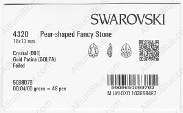【スワロフスキー#4320】48粒 Pear-shaped 18x13mm クリスタル ゴールド パティナ (001GO 3枚目の画像