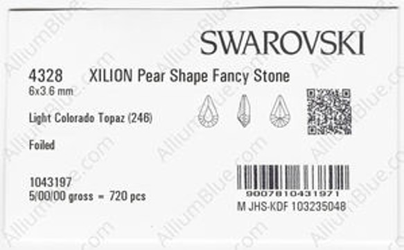 【スワロフスキー#4328】720粒 XILION Pear Shape 6x3.6mm ライトコロラドトパーズ (24 3枚目の画像