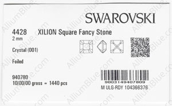 【スワロフスキー#4428】1440粒 XILION Square 2mm クリスタル F 3枚目の画像
