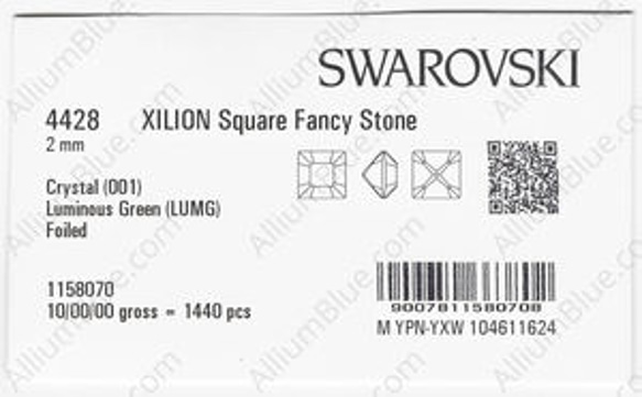 【スワロフスキー#4428】1440粒 XILION Square 2mm クリスタル ルミナス グリーン (001LU 3枚目の画像