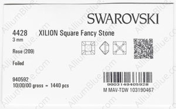 【スワロフスキー#4428】720粒 XILION Square 3mm ローズ (209) F 3枚目の画像
