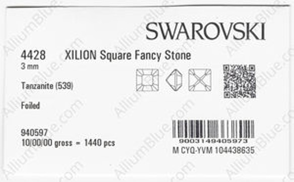 【スワロフスキー#4428】1440粒 XILION Square 3mm タンザナイト (539) F 3枚目の画像