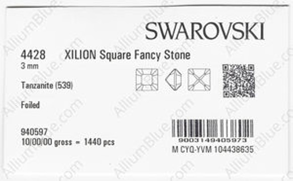 【スワロフスキー#4428】720粒 XILION Square 3mm タンザナイト (539) F 3枚目の画像