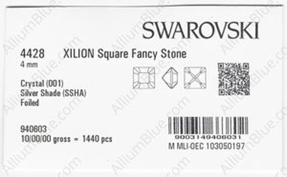 【スワロフスキー#4428】720粒 XILION Square 4mm クリスタル シルバー シェイド (001SSH 3枚目の画像