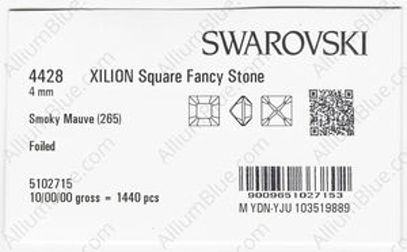 【スワロフスキー#4428】1440粒 XILION Square 4mm スモーキー モーブ (265) F 3枚目の画像