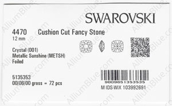 【スワロフスキー#4470】72粒 Cushion カット 12mm クリスタル メタリック サンシャイン (001ME 3枚目の画像