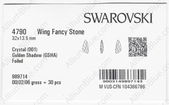 【スワロフスキー#4790】30粒 Wing 32x13.5mm クリスタル ゴールデン シャドー (001GSHA) 3枚目の画像