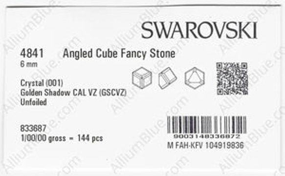 【スワロフスキー#4841】144粒 Angled Cube 6mm クリスタル ゴールデン シャドー CAL VZ ( 3枚目の画像