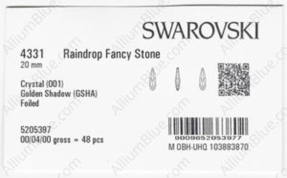 【スワロフスキー#4331】48粒 Raindrop 20mm クリスタル ゴールデン シャドー (001GSHA) F 3枚目の画像