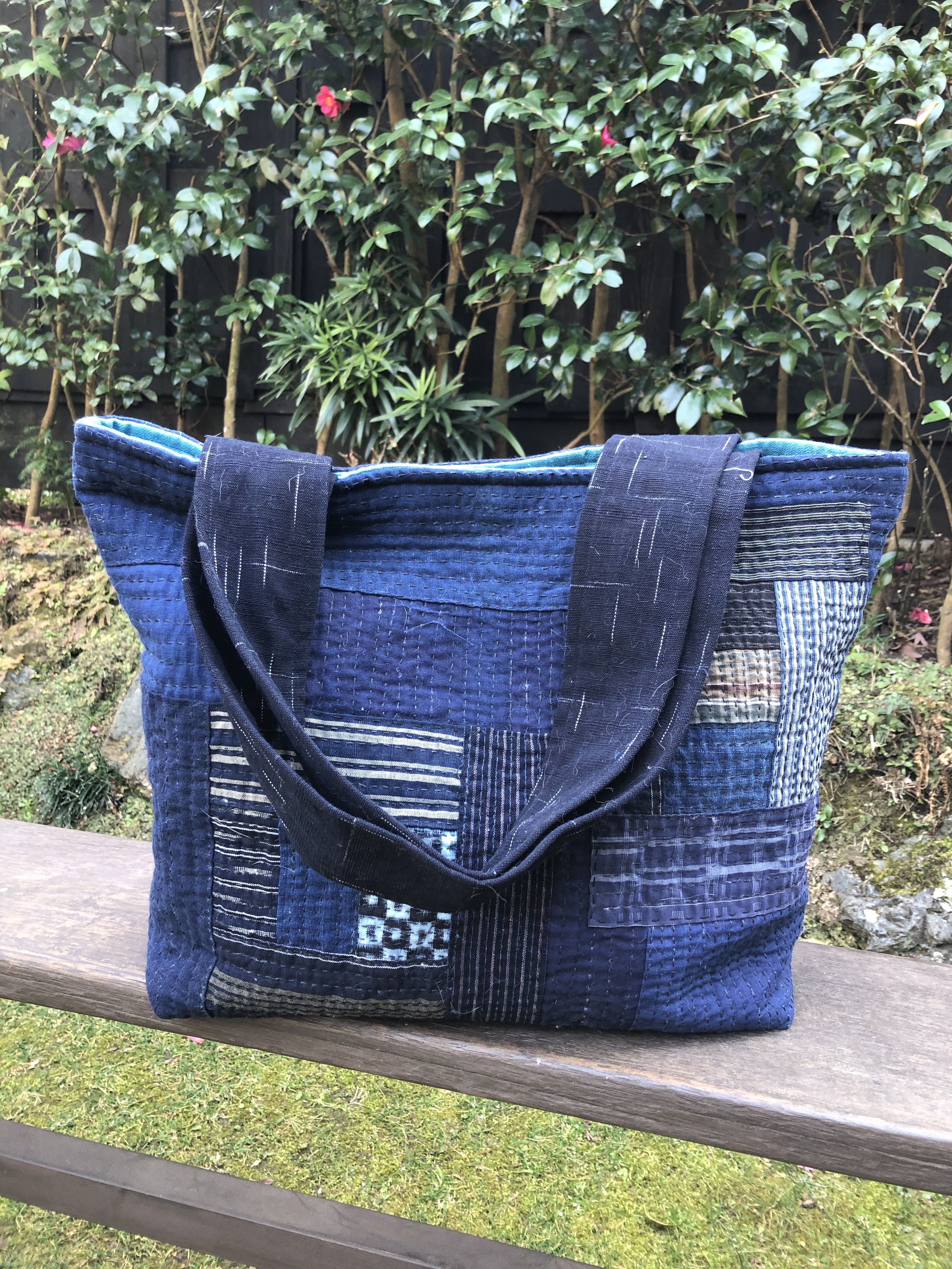 古布 パッチワーク 手刺繍 藍染ワンピース 古布リメイク ワンピース チュニック 藍染 書生絣、雪ん子