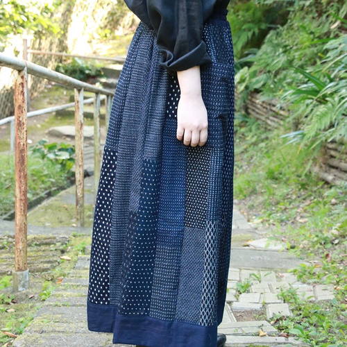 蚊絣 パッチワークスカート （着物リメイク 銘仙のパッチワーク