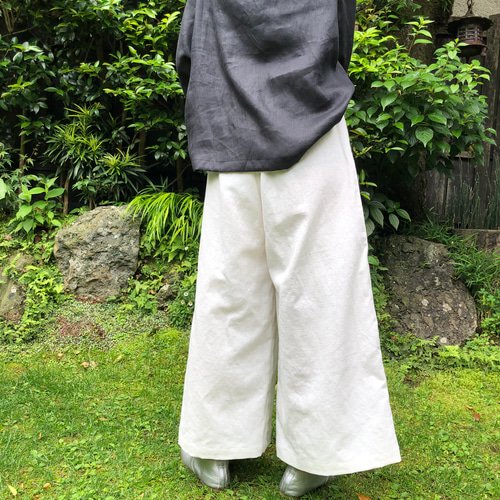 コットンリネン八分丈ワイドパンツ（オフ白） キュロット・ワイド  
