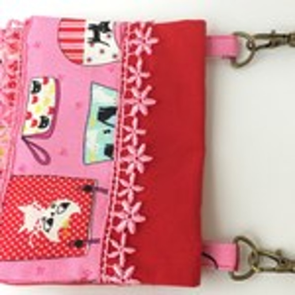 ネコ＆バッグ柄 ２ｗａｙ移動ポケット、移動バッグ（入園・入学）ピンク＆赤 2枚目の画像