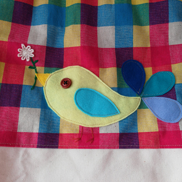 【受注制作】小鳥アップリケの体操服袋（チェック）帆布　キャンバス 5枚目の画像