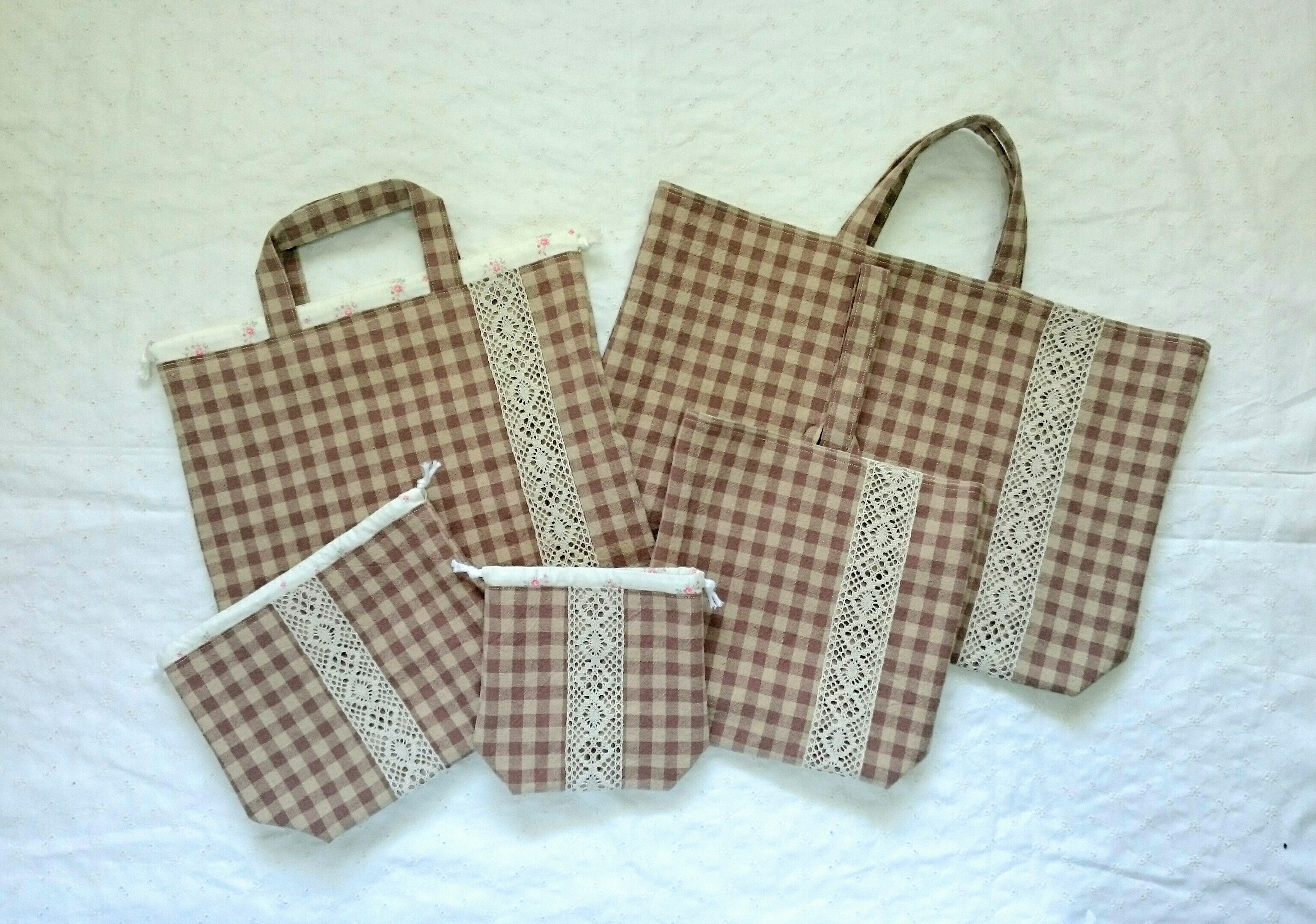 【入園入学用品】5点セット/ブロックチェックとレース/ミルクあずき