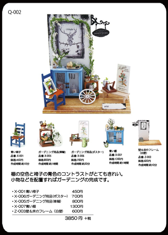 ミニチュア　キット　インテリア雑貨　ガーデニングセット(青い椅子、車輪、ポスター、青い棚） 2枚目の画像