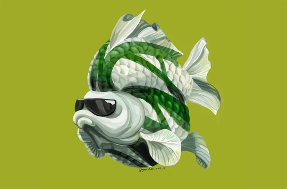 載墨鏡琉金 sunglasses fish 板畫 插畫 第1張的照片