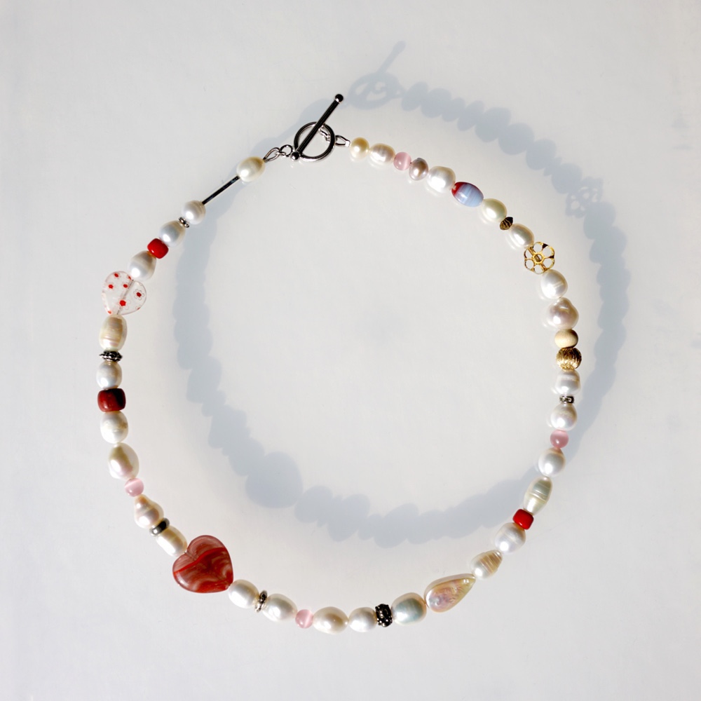 パールショートネックレス②　レッド