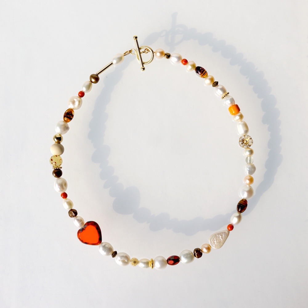 パールショートネックレス⑤　オレンジ