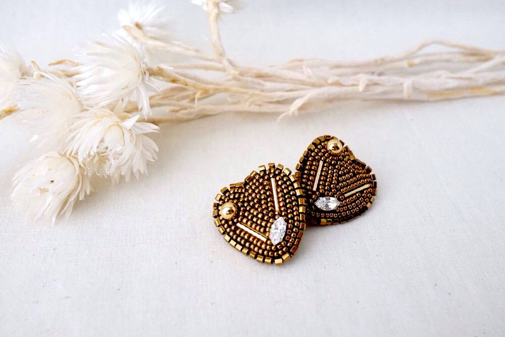 ハート刺繍イヤリング ブロンズ Heart Earing-BronzeColor(BTO)