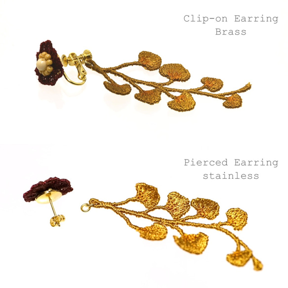 小花和葉子刺繡耳環波爾多 第2張的照片