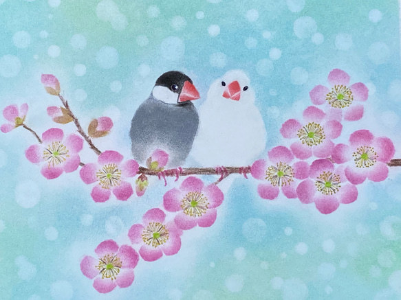 【オーダー作品】梅の花と文鳥 2枚目の画像