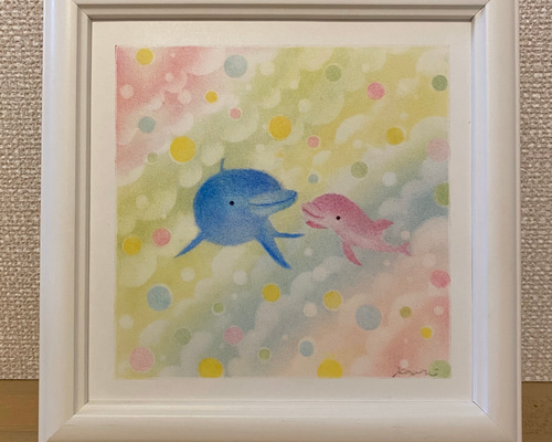 優しい時間 イルカの親子【原画 パステルアート】 絵画 nananiji