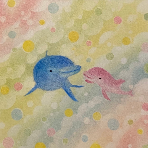 海とイルカのパステルアート 朝靄に輝くイルカの親子 | iichi