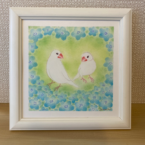 Saleネモフィラに包まれて 白文鳥【原画 パステルアート】 絵画