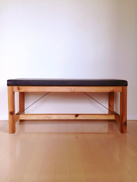 leather wood bench 4枚目の画像