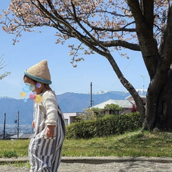 【とんがり麦わら帽子】ベビー・キッズ…手編み 兄弟 姉妹 リンクコーデ 夏 涼しい お出かけ リゾート プール 13枚目の画像