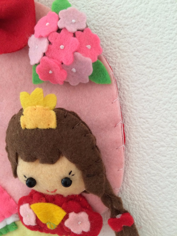 【フェルトのお雛様 リース】849…オーナメント 女の子 おひなさま ひな祭り ピンク リボン付き 2枚目の画像