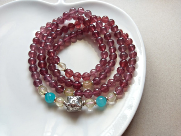 ORLI Jewelry 天然草莓晶108顆念珠 純銀印花珠 多圈手鍊 天然石 第5張的照片