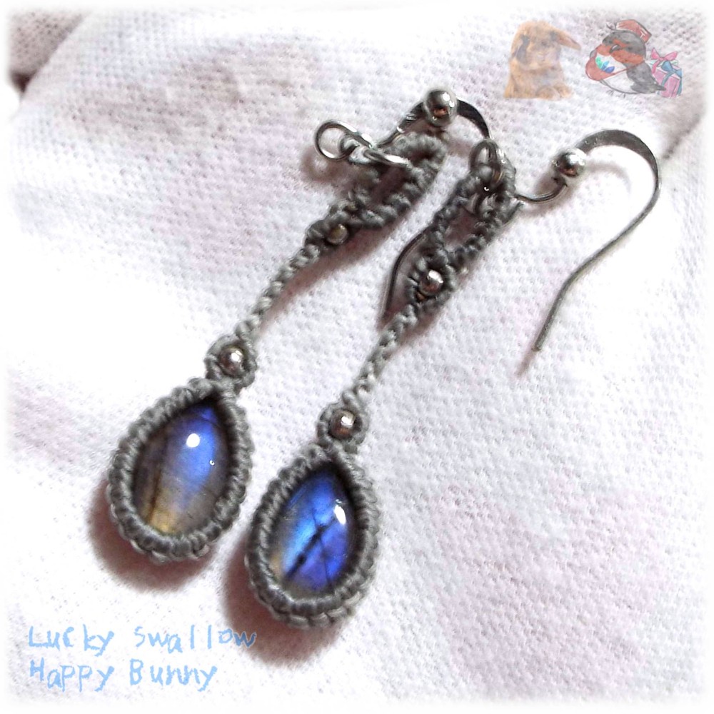 ゆらゆらゆれる♪ 高品質 ラブラドライト マクラメピアス てんてんの贈り物 No.4635