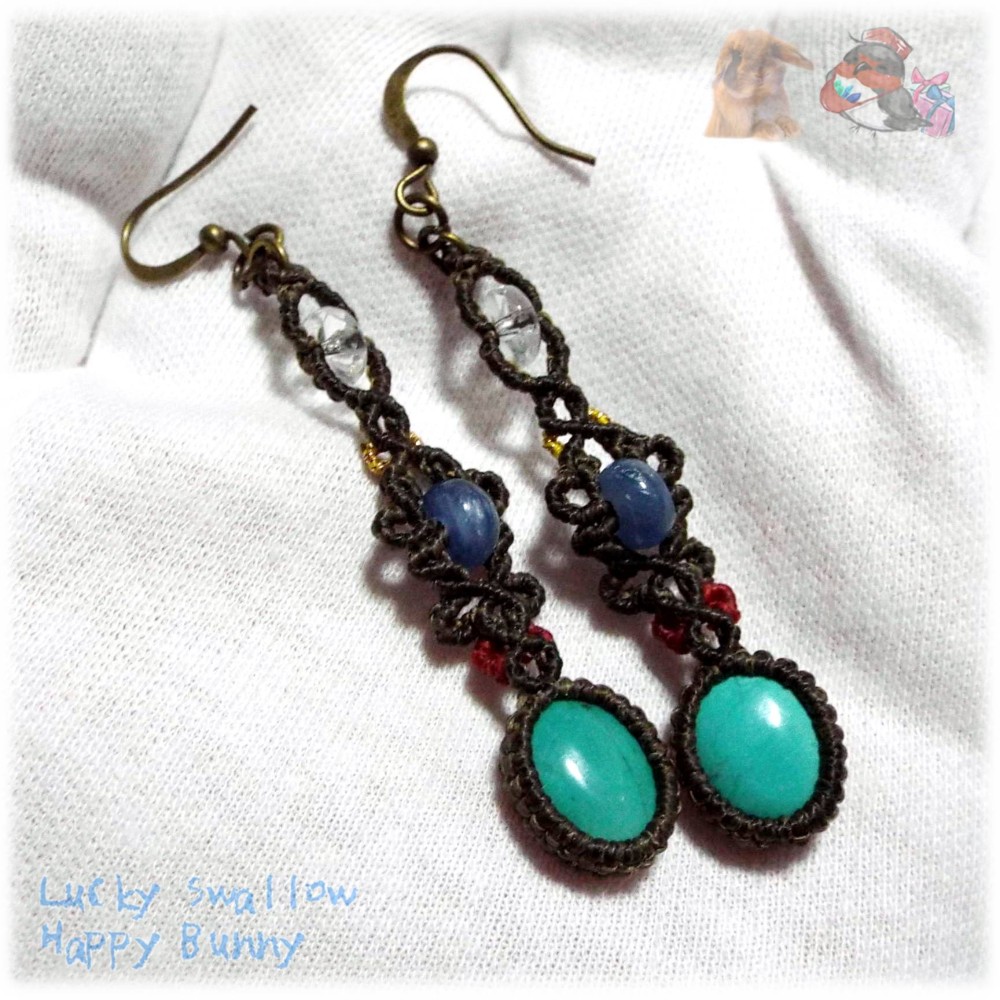 ゆらゆらゆれる♪ チベットターコイズ マクラメピアス てんてんの贈り物 No.4642