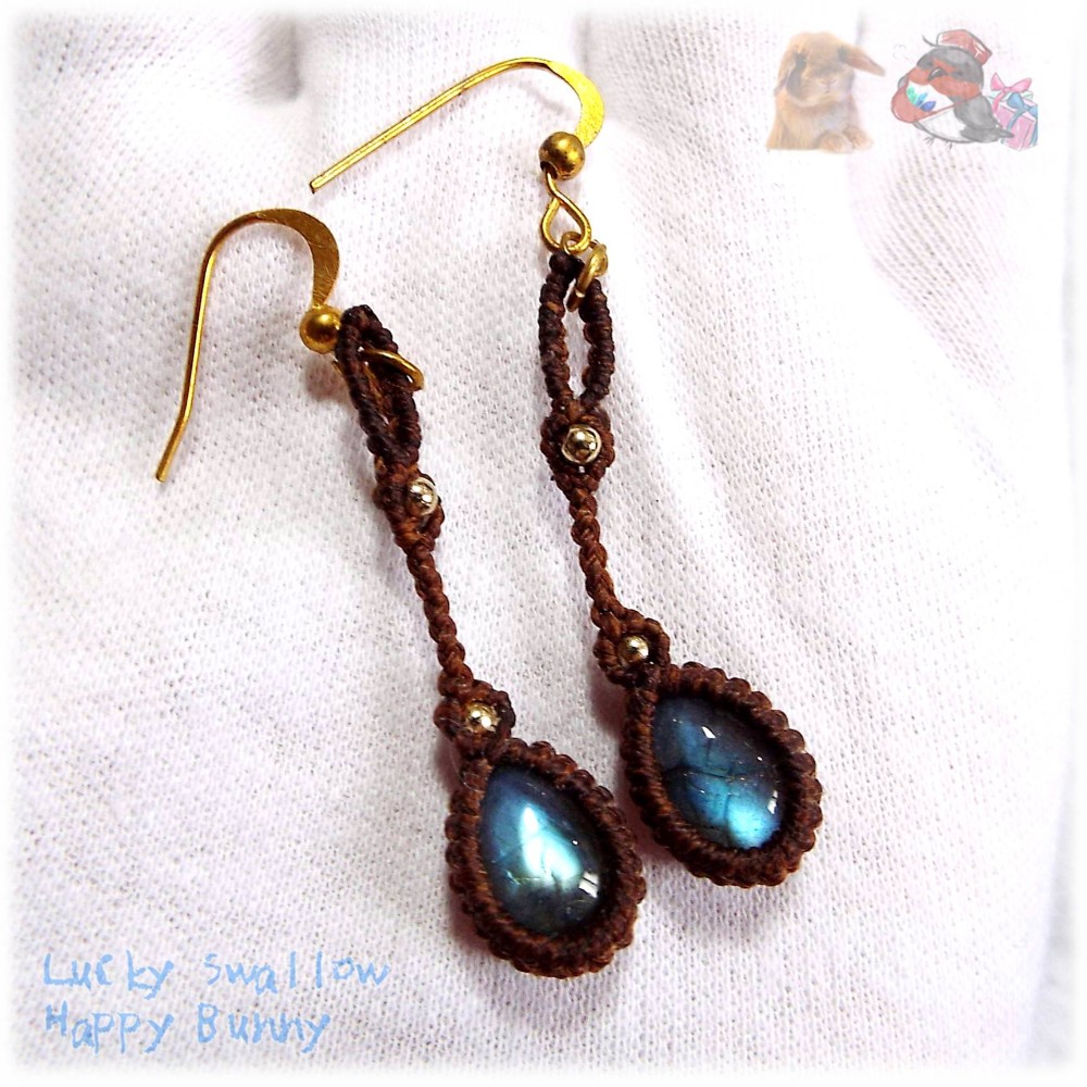 ゆらゆらゆれる♪ 高品質 ラブラドライト エスニック マクラメピアス てんてんの贈り物 No.4648