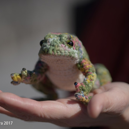 オヤジっぽいカエル（緑×ピンク） あみぐるみ よねざわなみ 通販