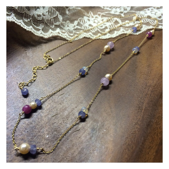 33.【14kgf】Ruby. Tanzanite. Amethyst, Pearl neckless 2枚目の画像