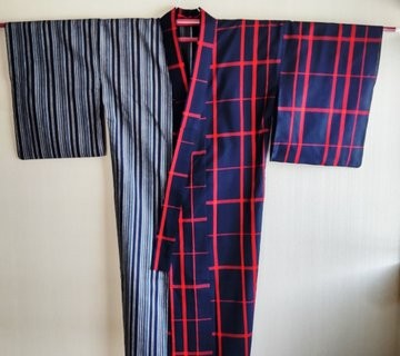 夏着物 しじら織 綿麻 裄67.5 手縫い 浴衣 格子紋様 紺×赤 5-38