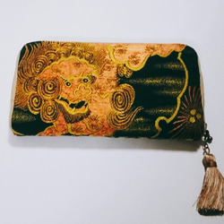アンティーク唐獅子帯×ゴブラン織ネコ柄　長財布 1枚目の画像