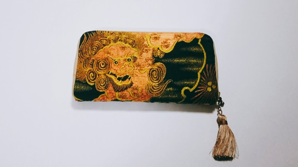 アンティーク唐獅子帯×ゴブラン織ネコ柄　長財布 1枚目の画像