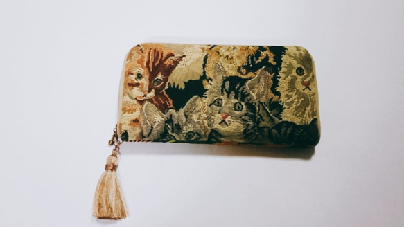 アンティーク唐獅子帯×ゴブラン織ネコ柄　長財布 2枚目の画像