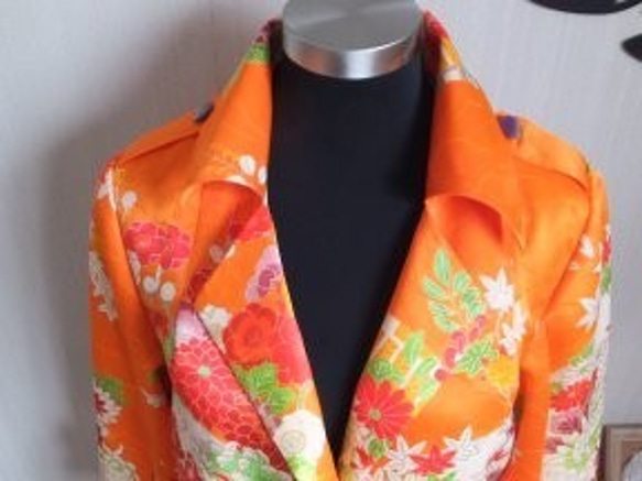 着物リメイク　トレンチジャケット　「菊花」 4枚目の画像