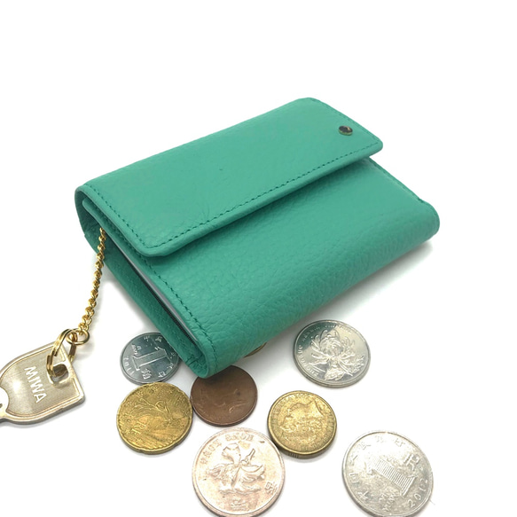 小さなメインウォレット【MIMIT】エメラルド イタリアンレザー使用　三つ折り本革コンパクト財布 1枚目の画像