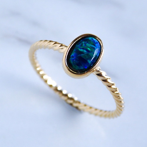 夜空の輝き＊ブラックオパール華奢ツイストリング（真鍮・K18