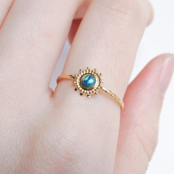 太陽の輝き＊ブラックオパール華奢ツイストリング（真鍮・K18コーティング）｜太陽モチーフ・10月誕生石・サイズオーダー可 8枚目の画像