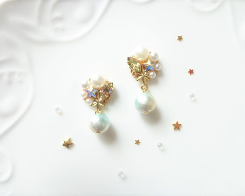 ジルコニアの星とパールのピアス | Kuroneko Kazari