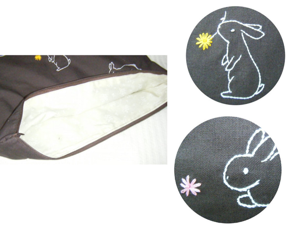 うさぎ刺繍クッションカバー（チョコレート） 3枚目の画像