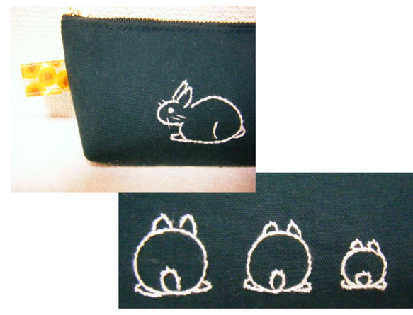 3羽の並んだうさぎ刺繍ペンケース（緑） 4枚目の画像